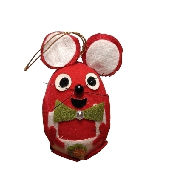 Other - Vintage Japan Christmas Ornament Mouse Flocked egg felt RHINESTONE red LABELED